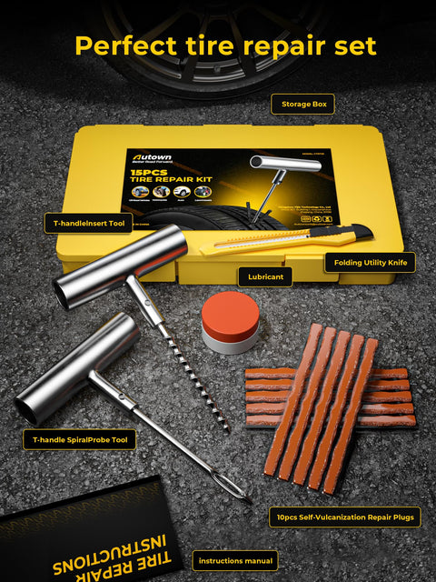 Pro Grade Tire Repair Kit With Plugs For Punctures And Flats, tools and plugs displayed with case and instructions.
