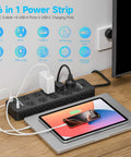 Power Strip With 20 AC Outlets And 6 USB Ports Heavy Duty Surge Protector 15 Amp 6ft Extension Cord 2700 Joules 120 to 240V Wide Voltage desk setup