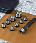 Interchangeable Large Hollow Hole Punch Tool Set, 10 Piece for Gasket Making and Leather Punching with Carrying Case displayed on table