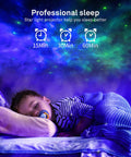 Child sleeping under Galaxy Star Projector With Bluetooth Speaker Lit Night Light Nebula Cloud Projector for Kids Room.