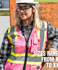 Woman in pink hi-vis safety vest with pockets, Class 1 reflective tape, construction ready and lightweight, sizes XS to XXL