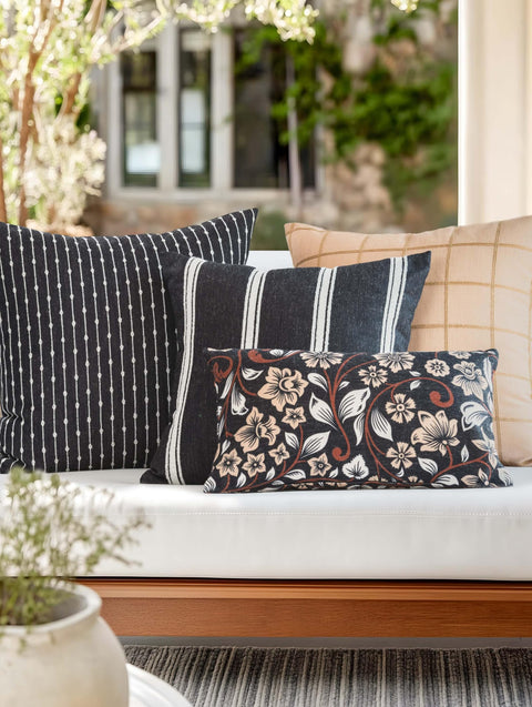 Modern Farmhouse Fall Linen Throw Pillow Cover 20x20 In Outdoor Indoor Water Repellent Reversible Black With White Embroidered Stripes Invisible Zipper Cozy Patio Couch Decor