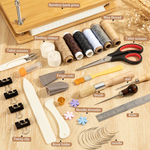 50 Piece Book Binding Kit For Newbies Complete DIY Set With Tools And Clear Instructions Includes Book Press Wax Thread Needles Awl