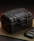 Portable Plastic Toolbox With Carry Handle And Locking Lid For Small Hand Tools Storage Organizer durable hard case on a textured mat.