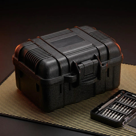 Portable Plastic Toolbox With Carry Handle And Locking Lid For Small Hand Tools Storage Organizer durable hard case on a textured mat.