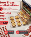 Pro Food Dehydrator With 600W Rear Fan For Even Drying 7 Stainless Steel Trays shown with sliced fruits and trays.