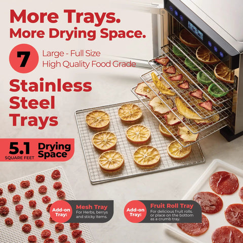 Pro Food Dehydrator With 600W Rear Fan For Even Drying 7 Stainless Steel Trays shown with sliced fruits and trays.