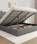 Game Changing King Bed Frame With Hydraulic Gas Lift Storage showing spacious underbed compartments and grey linen upholstery.
