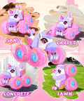 Unicorn RC Car For Girls 360 Degree Spin 4WD 2.4GHz Remote Control Toy With Lights And Music Easy Stunt Vehicle on various surfaces