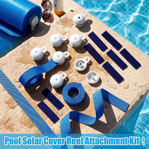 Complete 36 Piece Solar Cover Reel Attachment Kit For Inground Swimming Pool Rock Solid Strap And Clip Setup With Blue Hook Loop Fasteners laid out on stone surface.