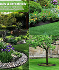 50Ft By 2In Landscape Edging Border Kit With 90 Pieces Garden Staples No Dig Border Edging System Includes Hammer And Gloves For Flower Beds And Lawn Edging showcasing its use around garden beds, paths, and trees.