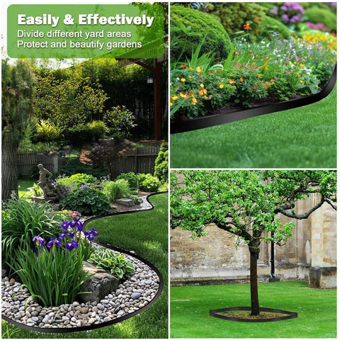 50Ft By 2In Landscape Edging Border Kit With 90 Pieces Garden Staples No Dig Border Edging System Includes Hammer And Gloves For Flower Beds And Lawn Edging showcasing its use around garden beds, paths, and trees.
