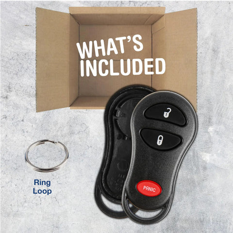 Beefed Up Key Fob Cover Replacement Case For 1999 2000 2001 2002 2003 2004 2005 Chrysler Caravan Dodge Ram Jeep Cherokee Remote Shell 3 Button GQ43VT17T GQ43VT9T No Programming Required package contents including 3-button fob shell and ring loop.