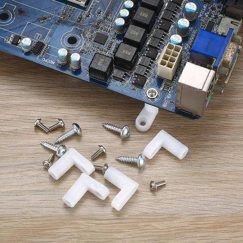 Arcade Console PCB Mounting Feet With Screws White L Shaped Plastic Standoffs on wooden surface with motherboard
