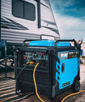 Tri Fuel Inverter Generator Delivers Big Power On The Go With 10,500 Watt Peak Gas near RV and outdoor picnic setup