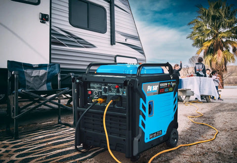 Tri Fuel Inverter Generator Delivers Big Power On The Go With 10,500 Watt Peak Gas near RV and outdoor picnic setup