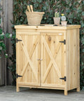Built Tough 32 Inch Workshop Cabinet With Rust Resistant Galvanized Top And Dual Wooden Shelves For Heavy Duty Tool Chest and Real Deal Farmhouse Garage Storage with open doors.