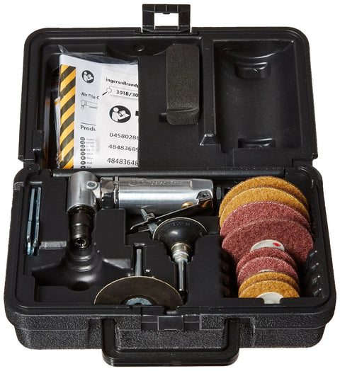 Right Angle Die Grinder Kit One Quarter Inch, 21,000 RPM with components, Roloc pads in black case for tight spots, durable construction
