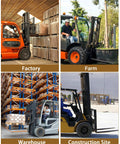 72-inch yellow pallet fork extensions, 4.5-inch width, heavy-duty steel pair for forklifts; factory, farm, warehouse, and construction site scenes.