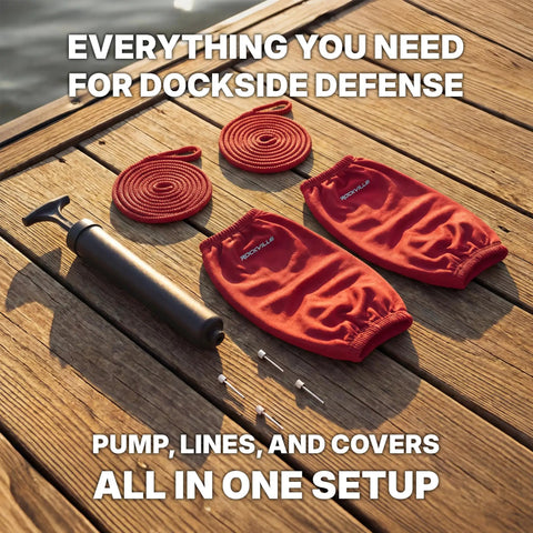 Complete Boat Fender Package With Four Red 8.5 Inch By 27 Inch Bumpers Four Red Covers Four 10 Foot Braided Lines And Hand Pump For 25