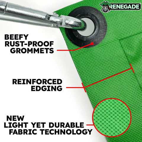 Beefed Up 3x3 Ft Green Heavy Duty Tarp Waterproof UV Resistant PFAS Free Cover showing reinforced edges and rust-proof grommets