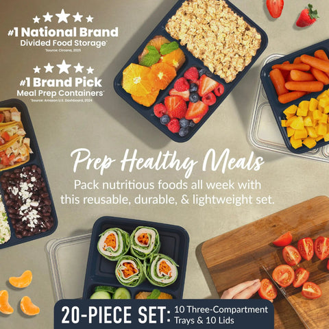 20 Piece Meal Prep Containers Set With Lids Three Compartment Reusable PFAS Free And BPA Free Materials Durable Microwave Safe