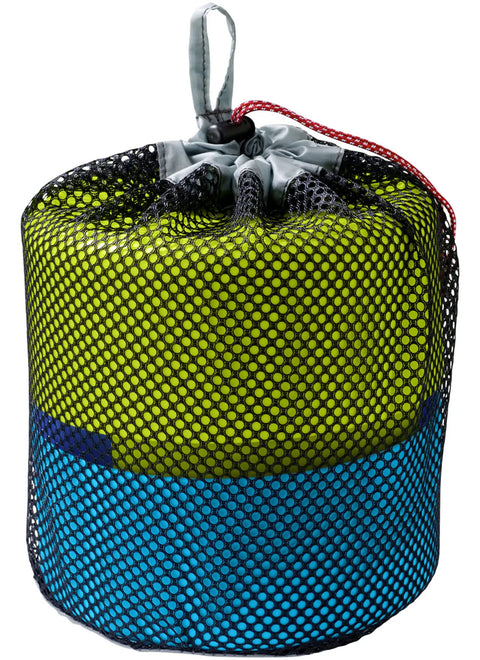 Two Person Camping Mess Kit With Insulated Mugs, Deep Dish Bowls, Folding Sporks, And Color Matched Utensils in mesh bag