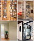 Self Closing Pivot Door Hinge, Heavy Duty Hidden Door Hardware For Wood Secret Doors, shown installed in various room settings.