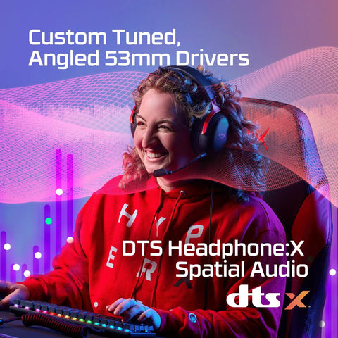 Gamer using Cloud III Wired Gaming Headset For PC PS5 Xbox Series X S With Angled 53mm Drivers DTS Spatial Audio, smiling