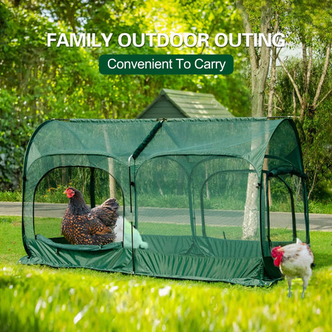 Pop Up Chicken Run Portable Pen With Three Doors, Super Easy Setup For Small Animals shown in outdoor garden with chickens
