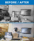 Rock Solid Universal Printer Pole Mount With Full Motion Articulating Arm adjustable workspace before and after decluttering.