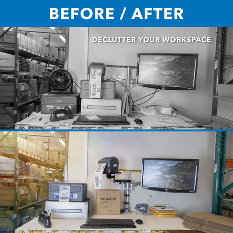 Rock Solid Universal Printer Pole Mount With Full Motion Articulating Arm adjustable workspace before and after decluttering.