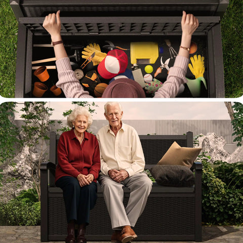 80 Gallon Outdoor Storage Bench Deck Box Waterproof Lockable with couple seated on black bench, open storage showing garden tools.