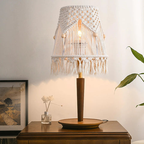 Boho style macrame lampshade on table lamp with harp and adapter, spider fitter light shade for living room and office decor