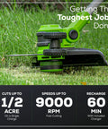 Beast Mode 40V Cordless String Trimmer And Edger, 13 Inch Weed Whacker, cutting grass, close-up of pivoting head.