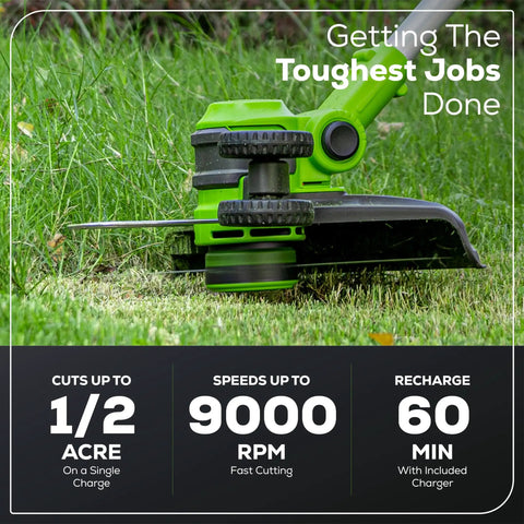 Beast Mode 40V Cordless String Trimmer And Edger, 13 Inch Weed Whacker, cutting grass, close-up of pivoting head.