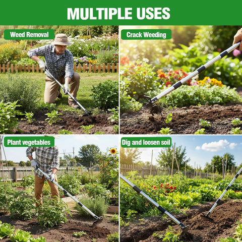 2 In 1 Weed Puller Tool With Garden Hoe And Weed Rake 60 Inch Adjustable Long Handle Stainless Steel Heavy Duty Manual Weeder in garden use