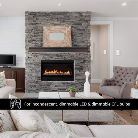 Living room with modern fireplace setup for Two Pack 3 Way Rotating Dimmer Switch With Push On Off For Dimmable LED CFL And Incandescent Bulbs.