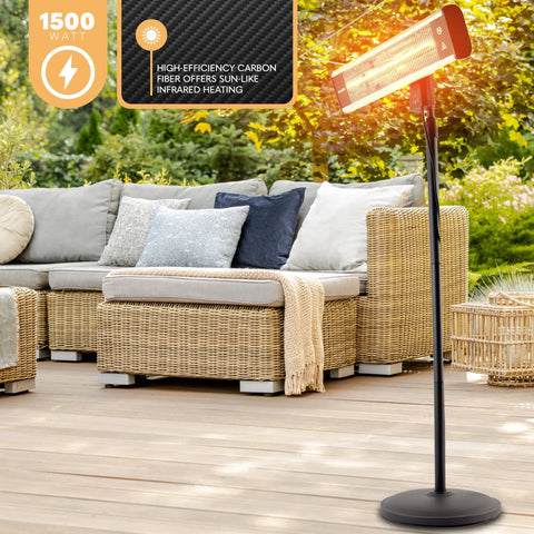 Infrared Patio Heater 1500W Portable Standing Heater With Remote Control For Indoor Outdoor Use Black on patio next to sofa