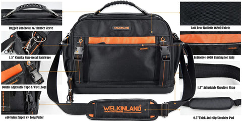 Front view of 42-Pocket Waterproof Tool Tote For HVAC And Electricians, steel-framed organizer with rugged design and shoulder strap.