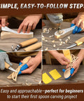 Wood Spoon Carving Kit For Beginners Diy04 with Sloyd knife, hook knife, basswood blank, and hands on whittling set in use.