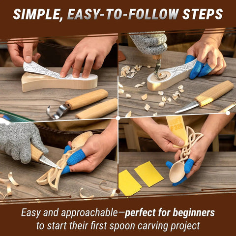 Wood Spoon Carving Kit For Beginners Diy04 with Sloyd knife, hook knife, basswood blank, and hands on whittling set in use.