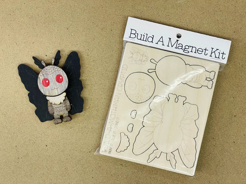 Make Your Own Moth Man Magnet Craft Kit For Kids And Adults with pop-out wood card and assembled Moth Man figure