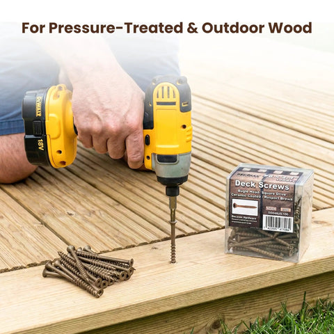 Person using drill with Beefy 10 By 3.5 Inch Deck Screws With Square Drive Bugle Head In Brown Ceramic Ruspert Coated Exterior Wood Screws For Pressure Treated Lumber, Corrosion Resistant, 250 Piece Box on wood deck.