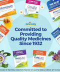 Boiron homeopathic medicine packaging with commitment slogan since 1932, featuring Oscillococcinum and other remedies.