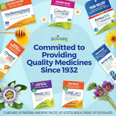Boiron homeopathic medicine packaging with commitment slogan since 1932, featuring Oscillococcinum and other remedies.