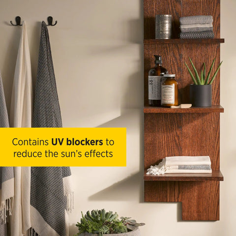 Wooden shelves with towels and plants treated with Water Based Spar Urethane Finish For Outdoor Wood Crystal Clear Non Yellowing