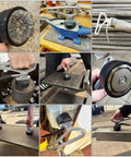 Collage of 2 Pack Heavy Duty Magnetic Pickup Tool With Quick Release, showing grip and lift tasks with iron plates and steel bars.