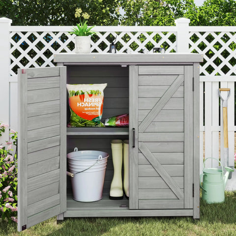 Outdoor Storage Cabinet And Potting Bench With Metal Top For Garden Workstation, Cedar Wood Patio Furniture In Classic Grey