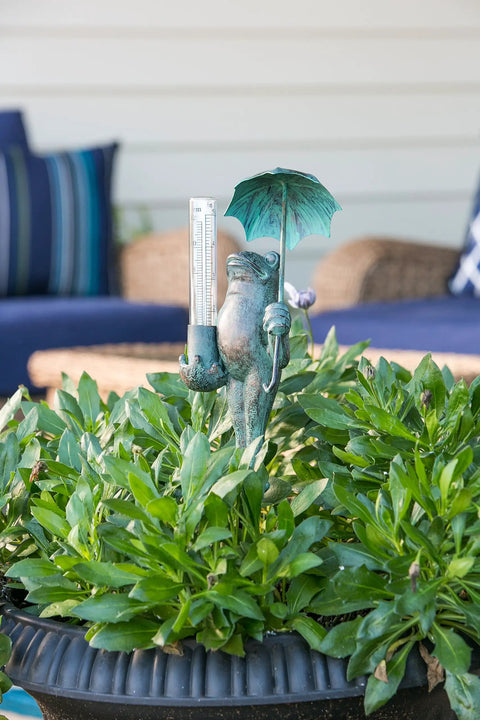 Garden Frog Statue With Umbrella Glass Rain Gauge Weather Station for Outdoor Decor Bright Green 18 Inches Tall